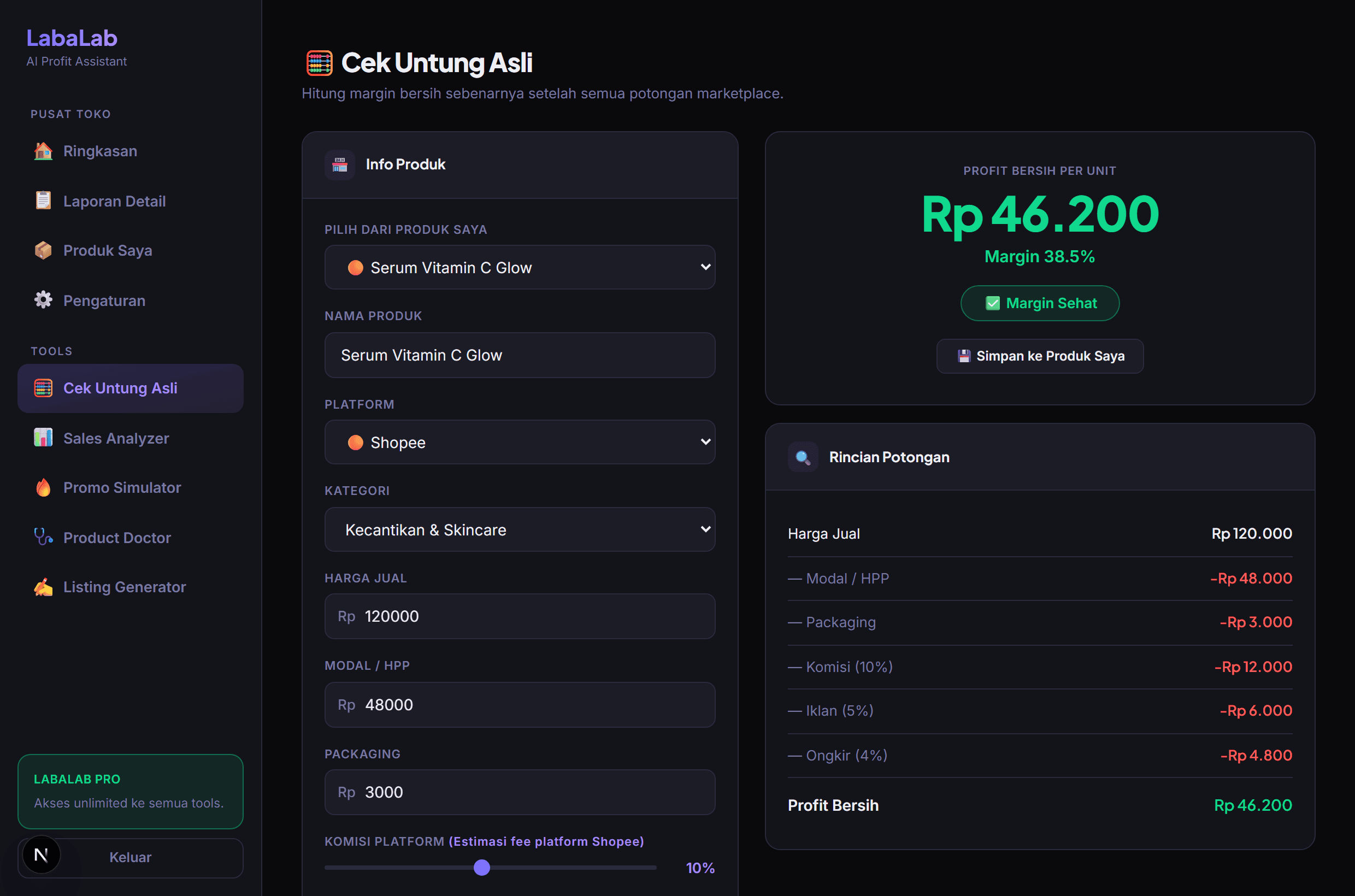 Cek Untung Asli — hitung profit bersih per produk setelah komisi, iklan, dan ongkir