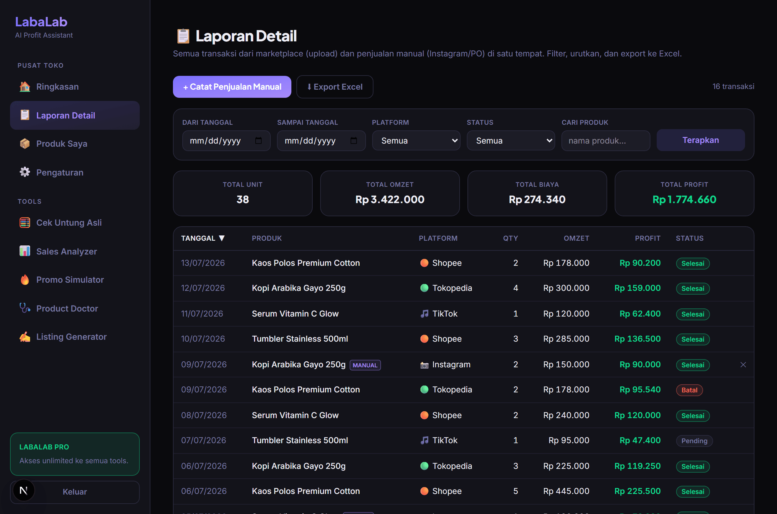 Laporan detail semua transaksi lintas channel dengan export Excel